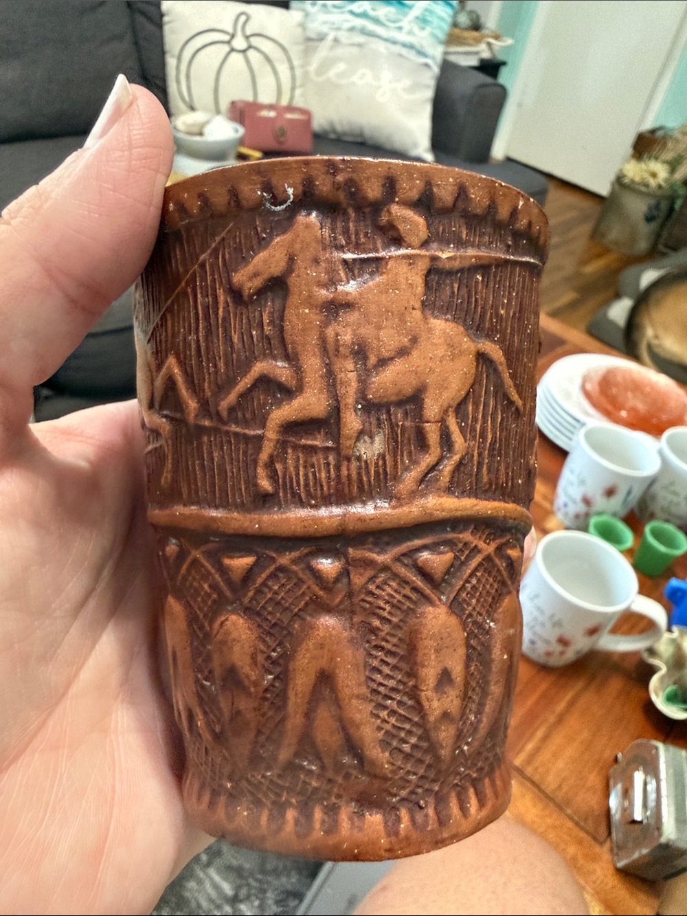 Vintage Handmade Tumbler Hunters & Deer- Handmade In Greece